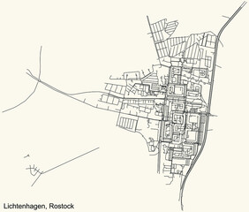 Detailed navigation black lines urban street roads map of the LICHTENHAGEN DISTRICT of the German regional capital city of Rostock, Germany on vintage beige background