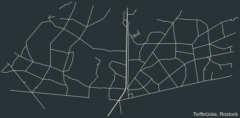 Detailed negative navigation white lines urban street roads map of the TORFBRÜCKE DISTRICT of the German regional capital city of Rostock, Germany on dark gray background