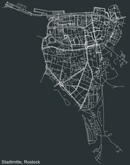 Detailed negative navigation white lines urban street roads map of the STADTMITTE DISTRICT of the German regional capital city of Rostock, Germany on dark gray background