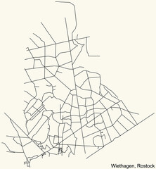 Detailed navigation black lines urban street roads map of the WIETHAGEN DISTRICT of the German regional capital city of Rostock, Germany on vintage beige background