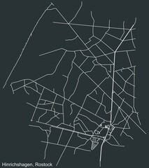 Detailed negative navigation white lines urban street roads map of the HINRICHSHAGEN DISTRICT of the German regional capital city of Rostock, Germany on dark gray background