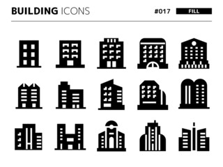 ビルに関連する塗りつぶしスタイルのアイコンセット_017