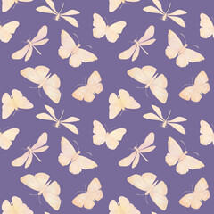 Digitally processed seamless botanical pattern. Raster texture of animalistic design. Delicate watercolor butterflies collected in a seamless pattern for design.