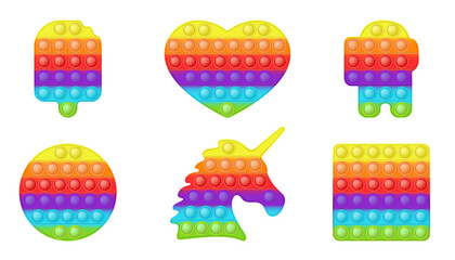 Set of various forms pop it a trendy rainbow toys for fidgets. Addictive anti-stress toy in bright colors. Bubble sensory developing popit for kids. Vector illustration isolated on a white background.