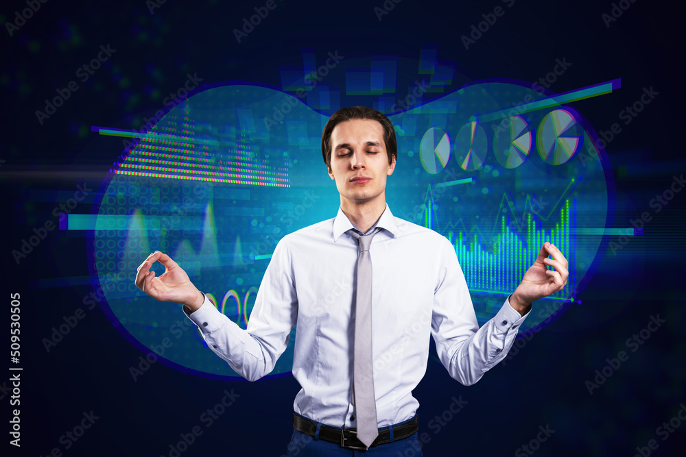 Aufkleber  businessman meditating with abstract glowing digital business chart and graph metaverse hologram on blurry background with geometric pattern and bokeh circles. 