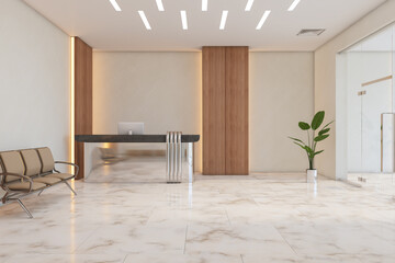 Clean concrete, wooden and marble office lobby interior with shiny reception desk, seat and other objects. 3D Rendering.
