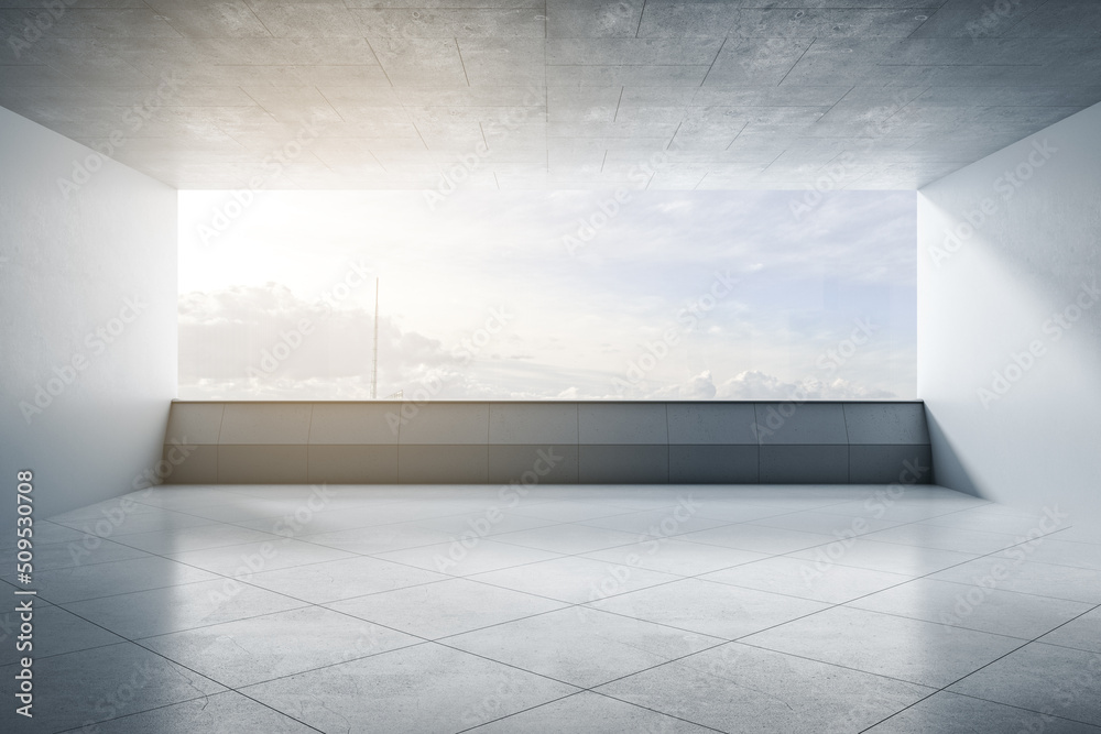 Poster Empty concrete open space balcony interior with blank mock up place for your advertisement, panoramic sky and clouds view, daylight. 3D Rendering.
