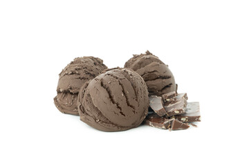 Ice cream scoops and chocolate isolated on white background