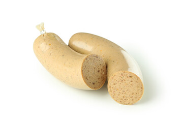 Concept of tasty food with liverwurst sausage, isolated on white background