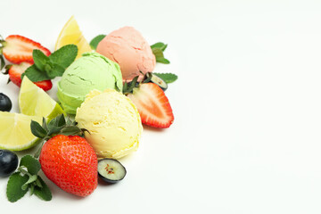 Concept of tasty food with ice cream, space for text