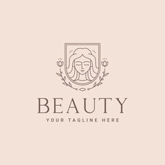 minimalist beauty woman's face flower badge line art icon logo template vector illustration design. simple feminine logo with nature concept for spa, massage, beauty salon, and cosmetic