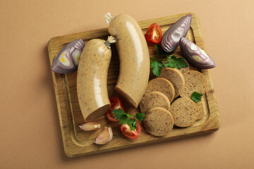 Concept of tasty food with liverwurst sausage, top view