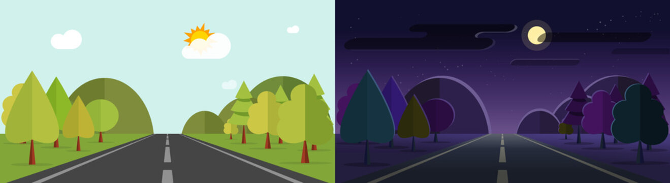 Night day scene vector flat landscape with mountains and forest road path highway cartoon, daytime nature background with sun and moon light time, horizon midnight summer outdoor view image