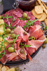 Italian antipasto meat platter - prosciutto ham, bresaola, salami and parmesan