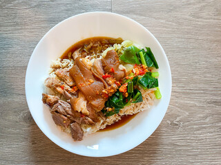 Baised pork leg with steamed rice ready to eat