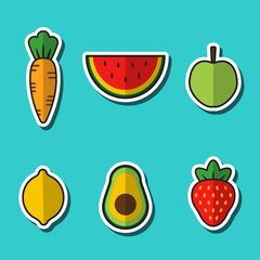 Vector set of images of fruits, vegetables and berries. Healthy food. Illustrations of strawberry and watermelon, apple and lemon, carrot and avocado.
