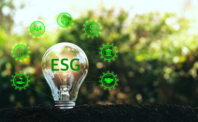 ESG. ESG light bulb against green background with icons on concepts. environment. society and...