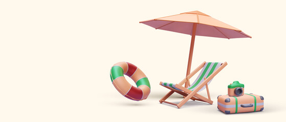3d realistic render umbrella, beach chair, suitcase, camera, lifebuoy. Vector illustration