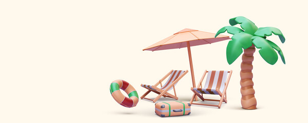 Marketing tourism and travel concept banner in 3d realistic style with beach chairs, suitcase, umbrella, palm tree, lifebuoy. Vector illustration