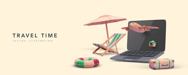 Concept banner for tourism agency in 3d realistic style with laptop, airplane, suitcase, umbrella, beach chair and camera. Vector illustration - obrazy, fototapety, plakaty