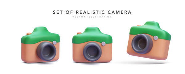 Set of 3d realistic render camera with shadow isolated on white background. Vector illustration