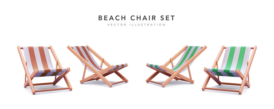 Set of 3d realistic beach chairs with shadow isolated on white background. Vector illustration