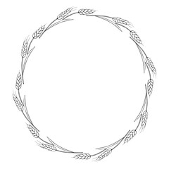 Round frame made of wheat or rye ears. Vector autumn wreath, border hand drawn in Doodle style, black outline isolated on white background