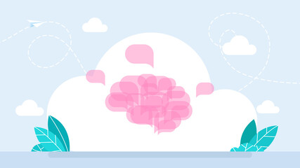Explore the brain. The influence of other people's thoughts on thinking. Propaganda. Thinking and opinion of internal voice. Seeking answer. Isolated image. Flat cartoon style. Vector illustration