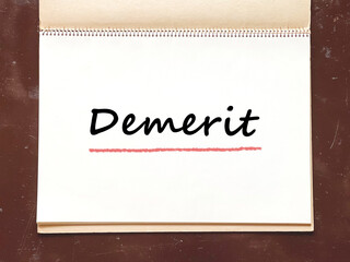 机の上で開いた古いスケッチブックのDemeritの文字入りページ_俯瞰