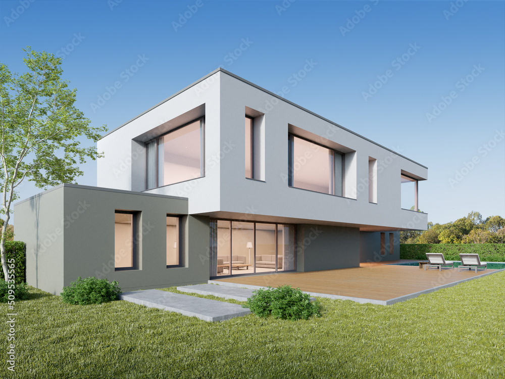Poster 3d rendering of luxury modern house with large wood deck floor and lawn yard.