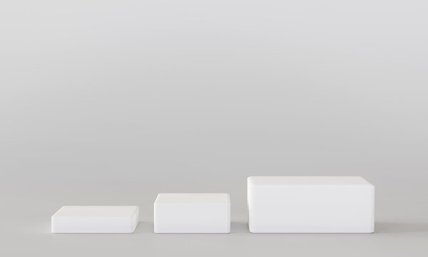 White podium cube product showcase table on background. mock up product showcase.  Abstract minimal geometry. Studio podium platform. Exhibition and business presentation stage. 3D render illustration
