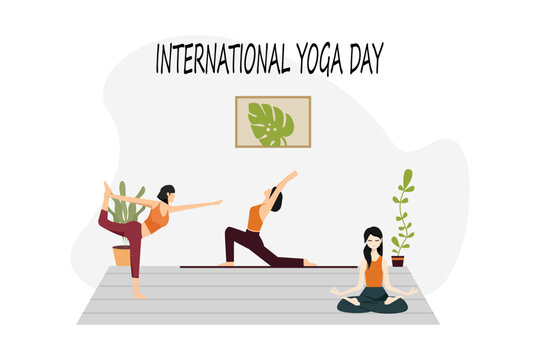 International Yoga Day Banner Concept with Girl Meditating and Doing Yoga Vector Illustration
