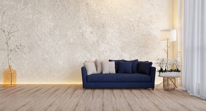 Hose interior, luxury modern stone wall living room interior with set sofa blue, empty wall mock up, 3d rendering