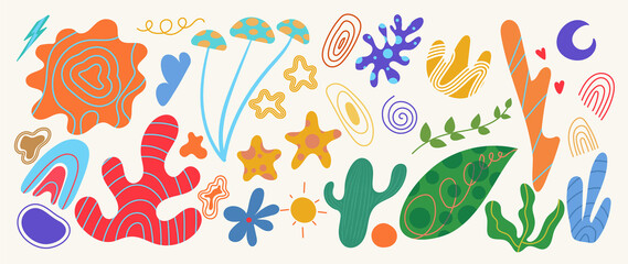 Minimalist abstract art shapes vector collection. Set of doodle elements, hand drawn organic shape, leaf, branches. Minimal style element with pastel color for decoration, ads, prints, branding.