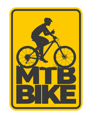 Vector black text: MTB BIKE with a silhouette of a cyclist on a bicycle. Isolated on white background.