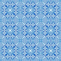 Blue white watercolor azulejos tile background. Seamless coastal geometric floral mosaic effect. Ornamental arabesque all over summer fashion damask repeat