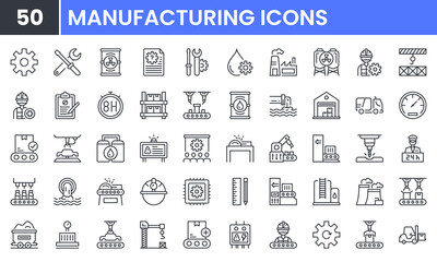 Manufacturing and Engineering vector line icon set. Contains linear outline icons like Production, Setting, Industrial Factory, Warehouse, Labour, Robot Manipulator. Editable use and stroke.