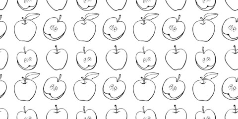 Vector seamless pattern with outline apples in doodle. Fruit background and texture, isolated. For children, school design, harvest, gardening and Thanksgiving theme