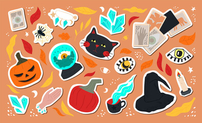 big set of cute Halloween stickers - black cat, eyes, witch hat, pumpkins, spiders, fortune telling ball, cards, crystals, autumn leaves. flat illustration. for a postcard, poster or any design.