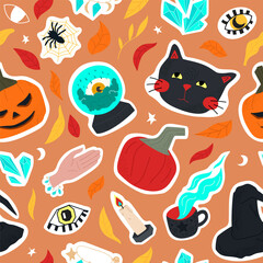 orange seamless pattern of cute Halloween symbols - black cat, eyes, witch hat, pumpkins, spiders, fortune telling ball, crystals, autumn leaves. illustration for wrapping paper, background, wallpaper