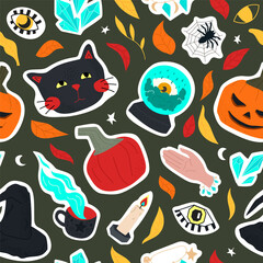 dark seamless pattern of cute Halloween symbols - black cat, eyes, witch hat, pumpkins, spiders, fortune telling ball, crystals, autumn leaves. illustration for wrapping paper, background, wallpaper