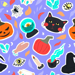 purple seamless pattern of cute Halloween symbols - black cat, eyes, witch hat, pumpkins, spiders, fortune telling ball, crystals, autumn leaves. illustration for wrapping paper, background, wallpaper