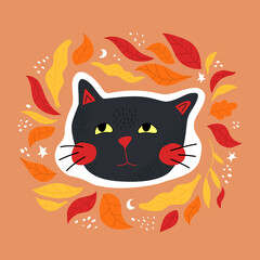 Cute sticker with a cat for Halloween. Autumn illustration with leaves.