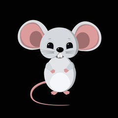 Cute little mouse symbol of New Year 2020. White metal rat according to the Chinese horoscope. Isolated vector illustration on black background, template, clipart.