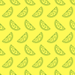 Lemon seamless pattern. Lime slice icon in line art style. Fruit icon symbol. Outline of citrus in green color. Design for print on fabric, wrapping paper, wallpaper, packaging. Vector illustration