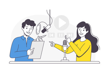 Fototapeta premium Podcast Recording with Young Man and Woman with Microphone Broadcasting and Live Streaming Outline Vector Illustration