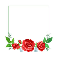 Square Rose Frame with Red Lush Bud and Green Leaves Arranged in Shape with Border Vector Illustration
