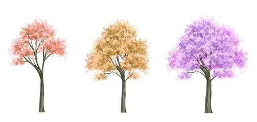 Obraz premium watercolor blooming flower tree side view isolated on white background for landscape and architecture drawing, elements for environment and garden,botanical elements 