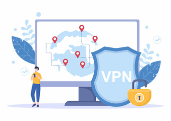 VPN or Virtual Private Network Service Cartoon Vector Illustration to Protect, Cyber Security and Secure his Personal Data in Smartphone or Computer