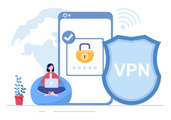 VPN or Virtual Private Network Service Cartoon Vector Illustration to Protect, Cyber Security and Secure his Personal Data in Smartphone or Computer